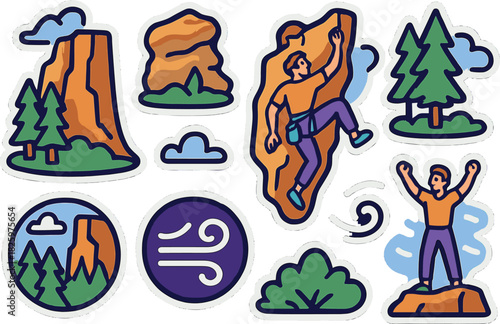 Outdoor adventure stickers featuring rock climbing and nature elements