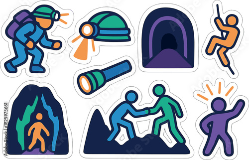 Vibrant cave exploration stickers featuring adventurers and gear in bold colors