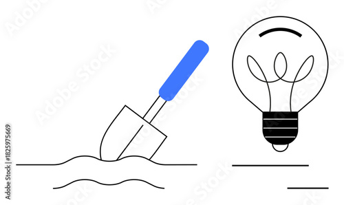 Shovel penetrating the ground paired with a glowing light bulb symbolizing discovery, innovation, and solutions. Ideal for education, creativity, research, idea generation, exploration