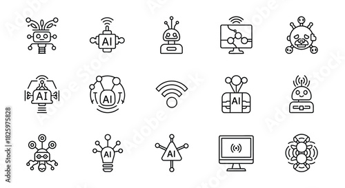 Artificial intelligence and robotics line icons showing machine learning and automation