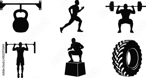 Fitness workout silhouette set featuring running, weightlifting, pull-ups, plyo box jumps, kettlebell training and tire exercise for gym and athletic design