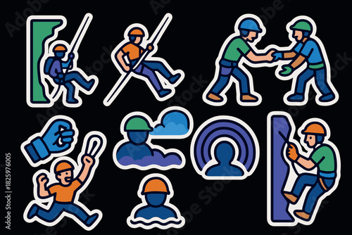 Colorful rock climbing stickers set featuring diverse poses and equipment