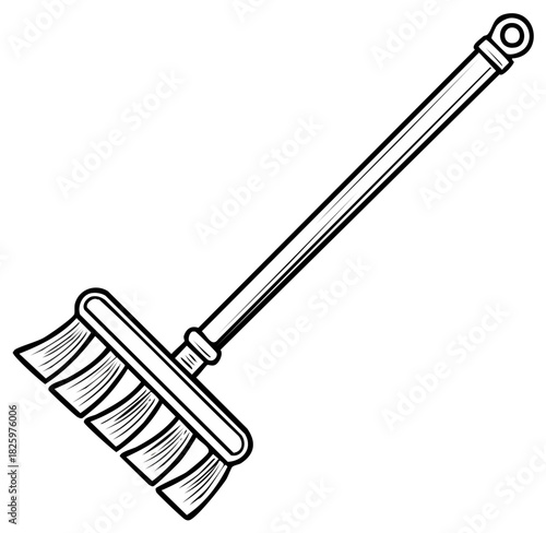 A simple black and white line art illustration of a push broom, a classic household cleaning tool for sweeping.