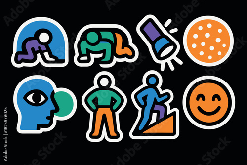 Colorful linear icons of exploration and exploration themed objects on black background