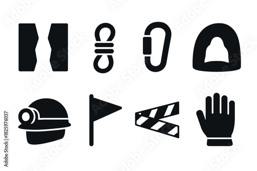 Silhouette icons of climbing gear and safety equipment