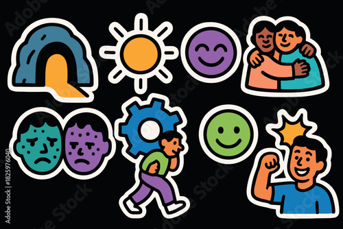 Colorful cartoon emojis and symbols on black background