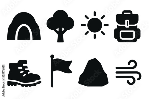 Camping and hiking icons set featuring backpack, tent, hiking boot, and nature elements