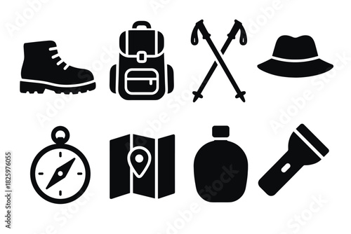 Essential camping gear icons: silhouette style for outdoor adventures