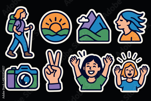 Vibrant outdoor adventure patches featuring nature, hiking, and fun expressions