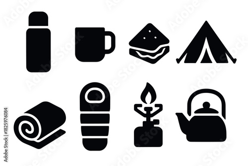 Camping essentials: icon set featuring tent, sleeping bag, and cooking gear