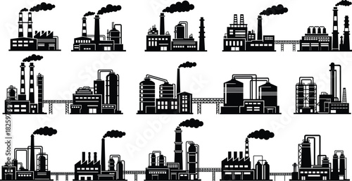Industrial factory silhouette set featuring manufacturing plants, chimneys, pipelines, storage tanks, refineries and power facilities for engineering and industry illustrations