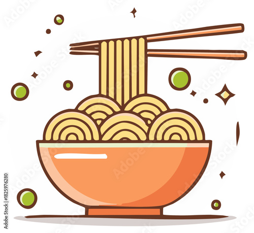 Vector illustration of delicious Asian noodles in a bowl with chopsticks
