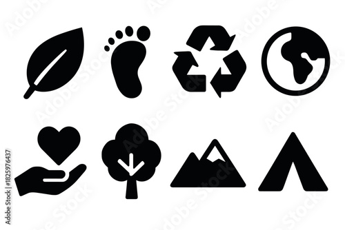 Nature and sustainability icons: silhouette symbols of eco-friendly exploration