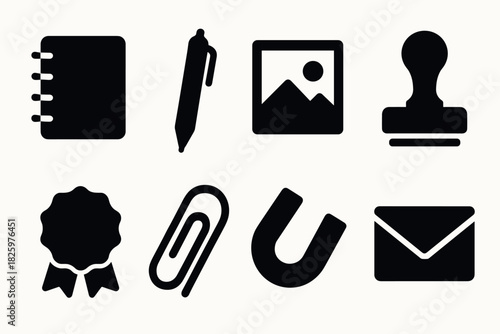 Essential office icons set: notebook, pen, stamp, clip, magnet, envelope
