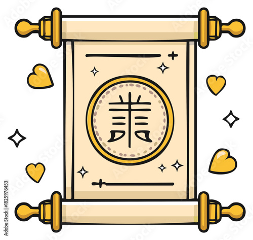 Cute cartoon illustration of ancient scroll with Asian character for humility and golden hearts