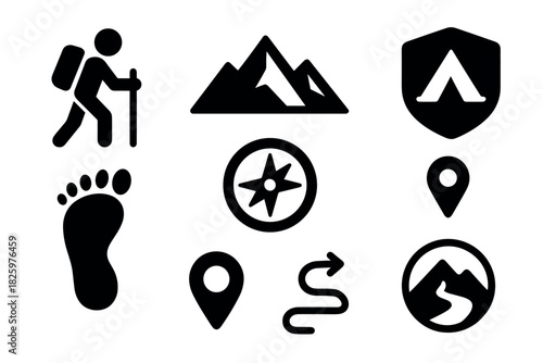 Black silhouette icons for hiking camping navigation adventure