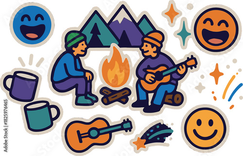 Campfire jam session: friends relaxing with music and laughter in nature