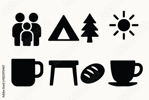 Camping and coffee: minimalist black icons of family, nature, and relaxation essentials