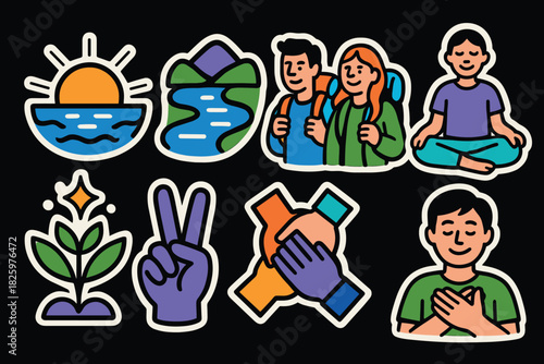 Vibrant hiking and wellness stickers with positive nature and peace themes