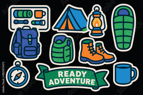 Colorful camping gear stickers: tent, backpack, lantern, and more