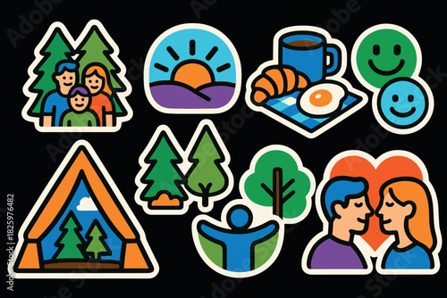 Colorful camping and nature stickers featuring outdoors and happiness