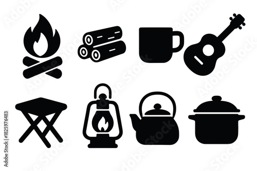 Minimalist camping icons set: fire, mug, guitar, lantern, cooking items