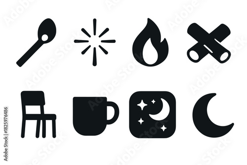 Minimalist black icons: kitchen utensils, fire, nature, and nighttime symbols