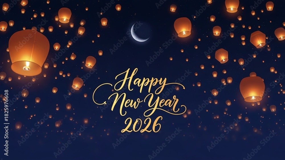 Fototapeta premium Celebrate Happy New Year 2026 with stunning lanterns floating under magical moonlit sky