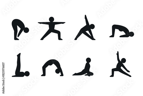 Silhouette yoga poses: flat design icons for wellness and exercise