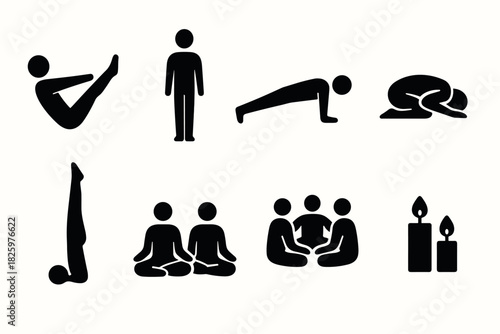 Silhouette icons of yoga poses and meditation practices with candles