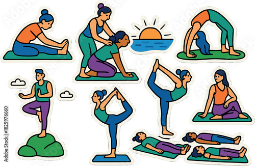 Vibrant yoga poses with sunset and clouds in bold outline design