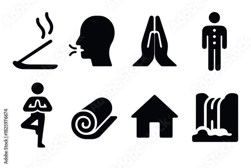 Black silhouette icons of yoga, meditation, and relaxation elements