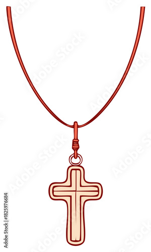Illustrated Christian cross pendant on a simple red necklace, symbolizing faith and spirituality