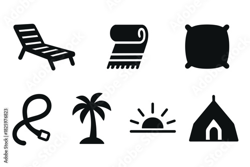 Minimalist beach holiday icons set: chair, towel, pillow, rope, palm, sunrise, tent