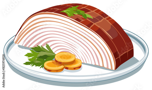 Glazed and sliced holiday ham roast served on a plate with carrot and parsley garnish vector illustration.