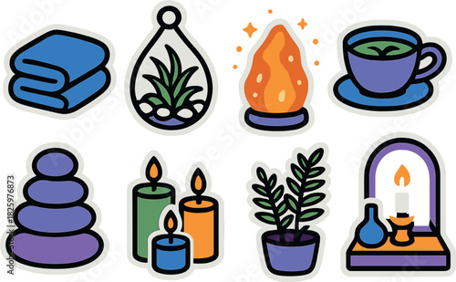 Cozy wellness icons: spa, tea, candles, and plants in vibrant gradient style