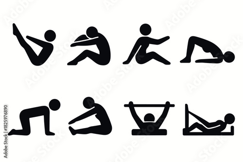Silhouette yoga poses set: simple black icons for fitness and health designs