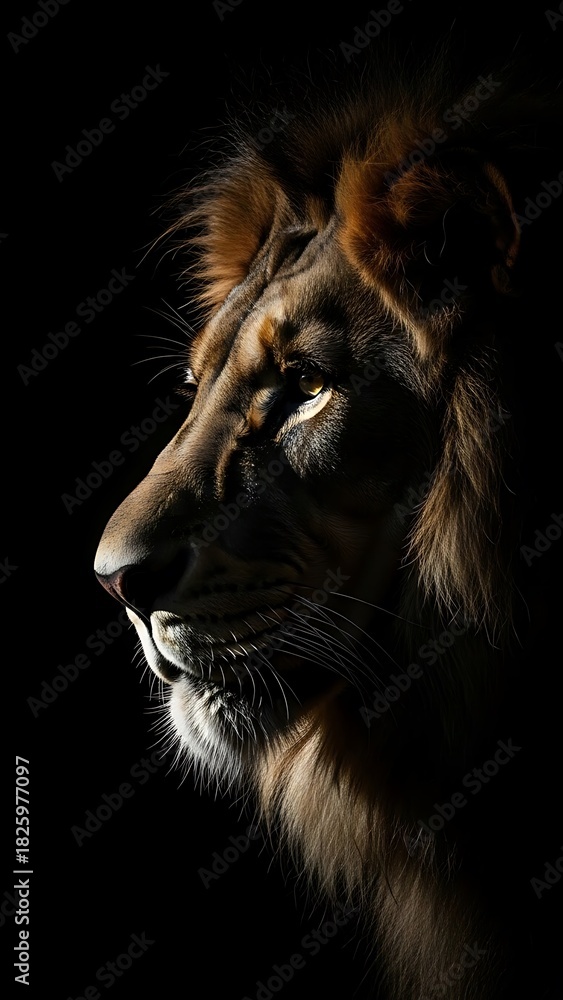 Naklejka premium Lion profile portrait dramatic lighting dark background animal wildlife