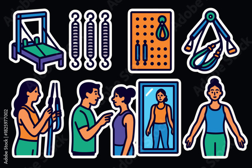Pilates and fitness icons in bold outline style for workout enthusiasts