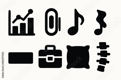 Minimalist icon set: business, music, office, and accessories in black silhouette style