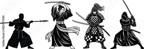 Samurai and ninja warriors in traditional Japanese combat poses with swords and armor, dynamic martial arts silhouettes for cultural illustration design