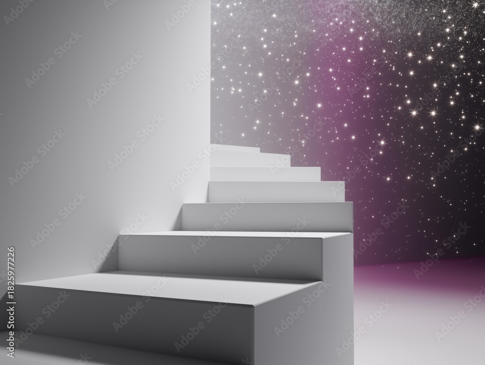 Obraz premium Ascend to new heights with this modern staircase against a starry backdrop, perfect for dreamers, achievers, and aspirational brands seeking elevation