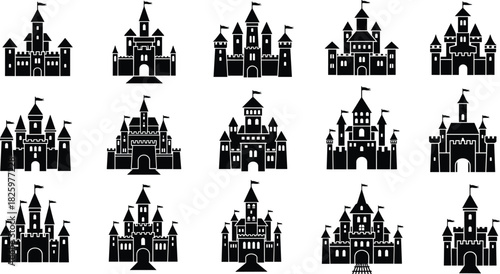 Set of detailed residential house line drawings featuring classic architecture, porches, windows, chimneys, trees, landscaping and vintage home design elements