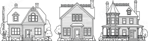 Set of detailed residential house line drawings featuring classic architecture, porches, windows, chimneys, trees, landscaping and vintage home design elements