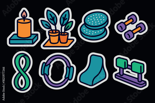 Colorful hand drawn stickers of wellness objects on dark background