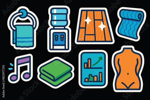 Colorful sticker icons set featuring towel, water cooler, floor, and more