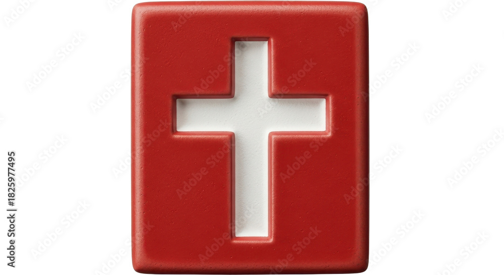 Obraz premium 3D red square block with white Christian cross symbol of faith and religion icon isolated PNG with Transparent Background