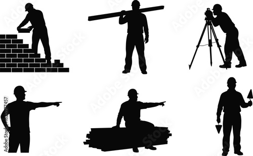 Silhouette collection of construction workers building walls, surveying, carrying materials, pointing instructions, and working with tools for industry, engineering, safety illustrations