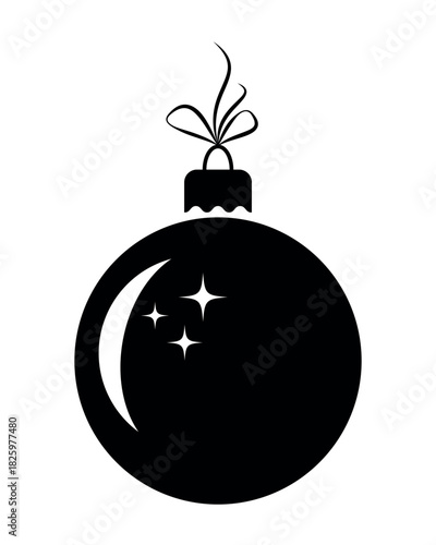 Christmas bauble. Christmas tree ornament silhouette with shiny stars and ribbon bow, festive holiday decoration icon, black illustration of Christmas bauble for winter celebration, greeting cards