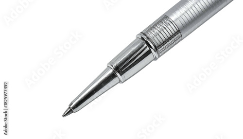 Close-up of a shiny, metallic pen against a stark black background, showcasing detail